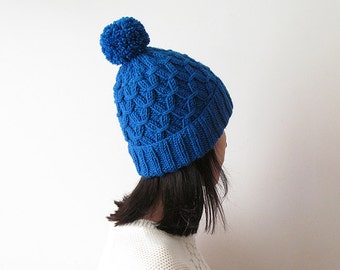 Hand Knitted Hat in Blue, Beanie with Pom Pom, Womens Knit Hat, Wool Blend, Seamless, Gift for Her, For Him