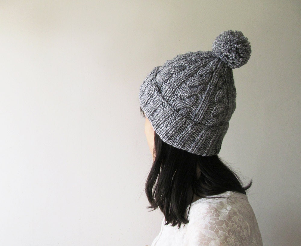 Cable Knit Hat in Jaspe Grey Womens Pom 