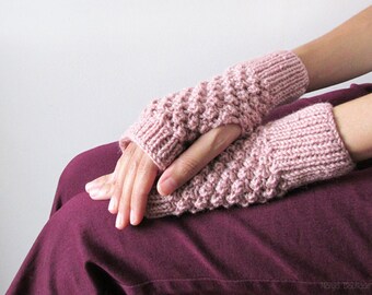 Hand Knit Fingerless Gloves in Pinkish Powder, Trinity Stitch Arm Warmers, Seamless Knit Gloves, Winter Fashion