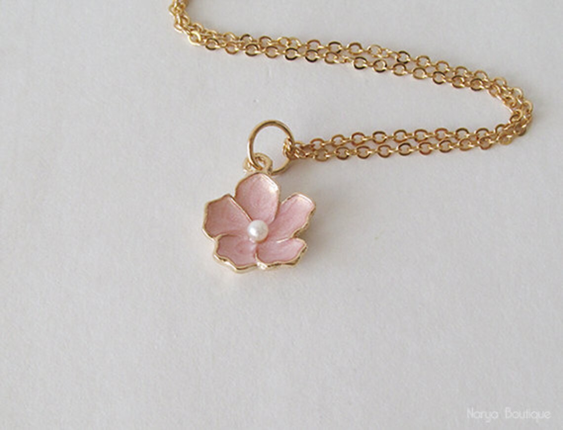 Pink Flower Necklace Sakura Flower Necklace 16k Gold Etsy