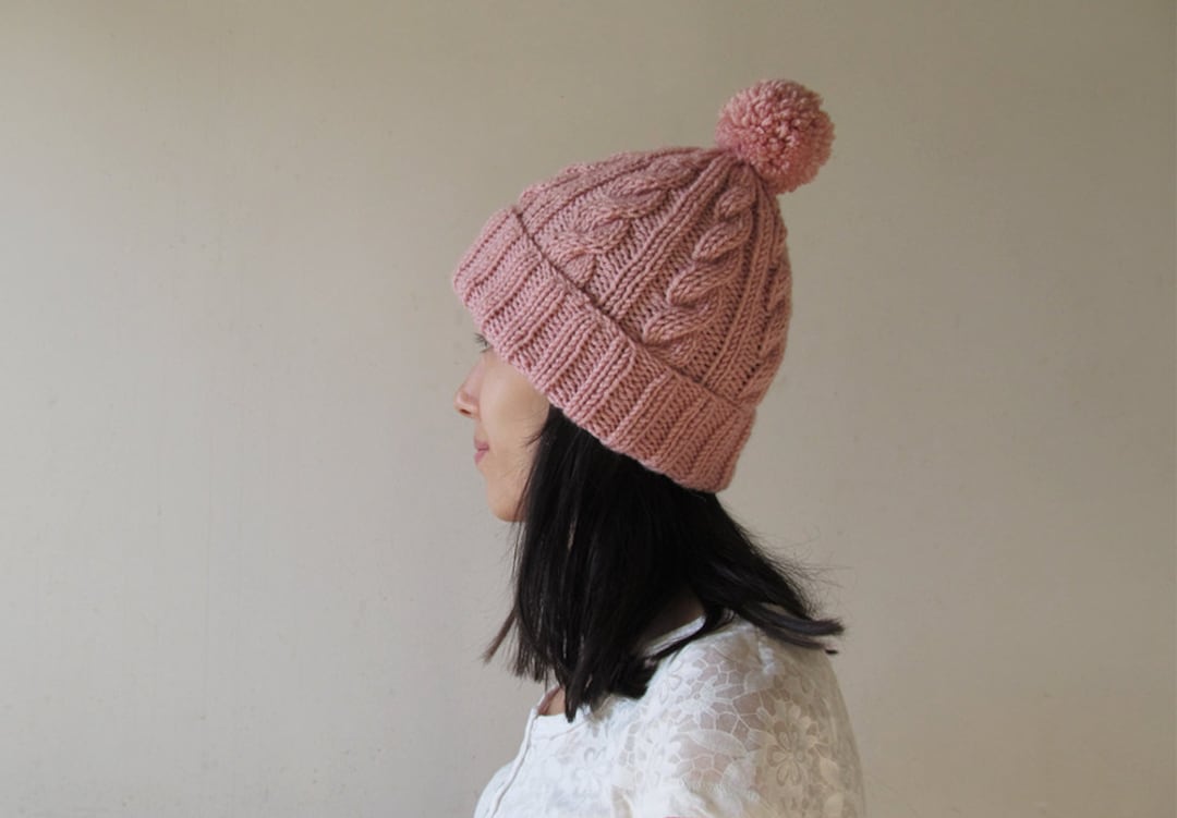 Hand Knit Cable Knit Beanie, Powder Pink Wool Blend Pom Pom  display picture 1