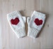 Knit Fingerless Gloves in Ivory, Dark Red Embroidered Heart, Heart Knit Gloves, Fingerless Mittens, Arm Warmers, Wool Blend, Made to Order 