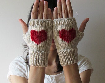 Knit Fingerless Gloves in Mushroom Beige, Dark Red Embroidered Heart, Heart Fingerless Gloves, Arm Warmers, Wool Blend, Made to Order