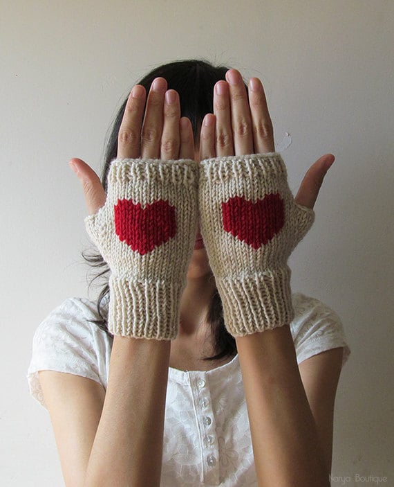 Knit Fingerless Gloves in Mushroom Beige, Dark Red Embroidered Heart, Heart Fingerless Gloves, Arm Warmers, Wool Blend, Made to Order