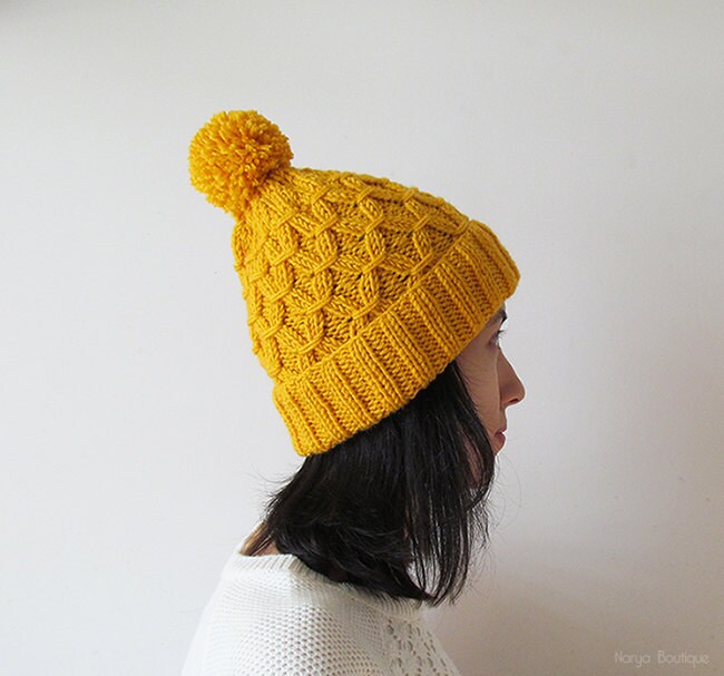 Hand Knitted Hat in Yellow Beanie With 