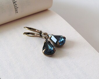 Montana Blue Teardrop Rhinestone Earrings - Elegant Vintage Glass Jewel Dangle Earrings - Antique Brass - Lever back ear wires