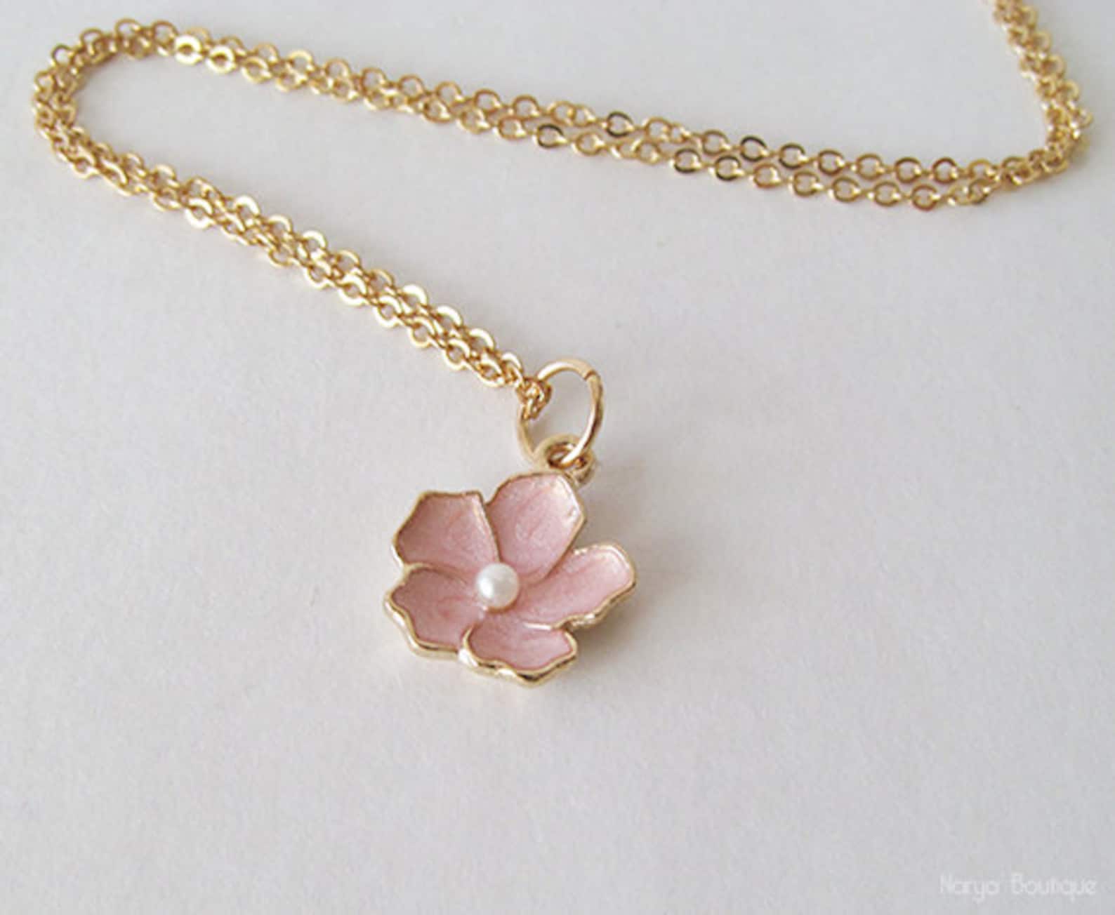 Pink Flower Necklace Sakura Flower Necklace 16k Gold Etsy