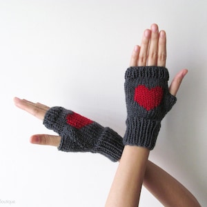 Knit Fingerless Gloves in Dark Grey, Dark Red Embroidered Heart, Heart Gloves, Fingerless Mittens, Arm Warmers, Wool Blend, Made to Order