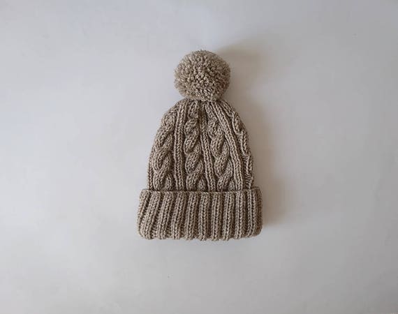 Gift For Her Womens Pom Pom hat Wool Blend Cable Knit Hat in Yellow Hand Knit Beanie with Folded Brim Winter Accessories