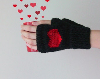 Knit Fingerless Gloves in Black, Dark Red Embroidered Heart, Heart Knit Gloves, Fingerless Mittens, Arm Warmers, Wool Blend, Made to Order