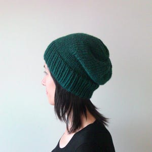 Hand Knit Dark Green Chunky Slouchy Beanie: Wool Blend Winter Hat