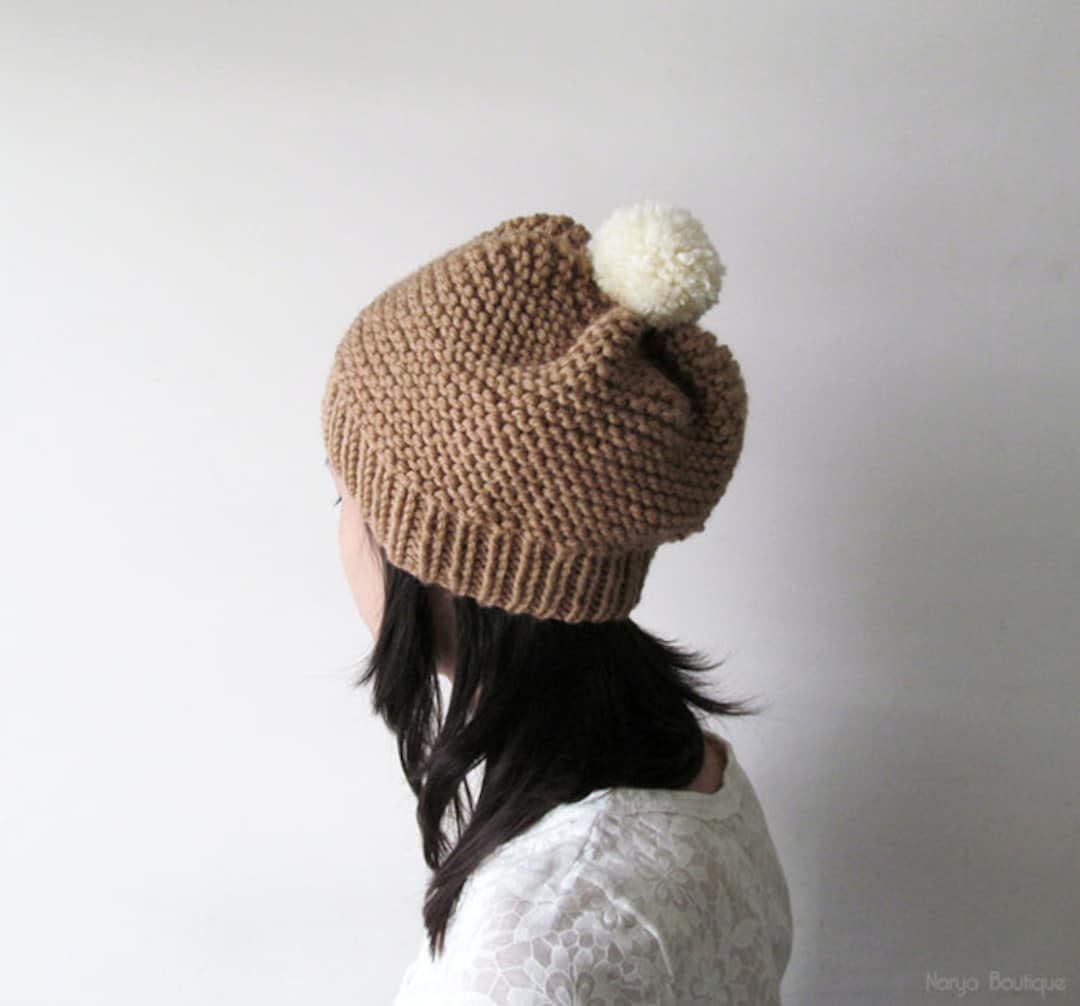 Hand Knitted Hat in Camel, Beanie With Cream Pom Pom, Seamless, Unisex ...