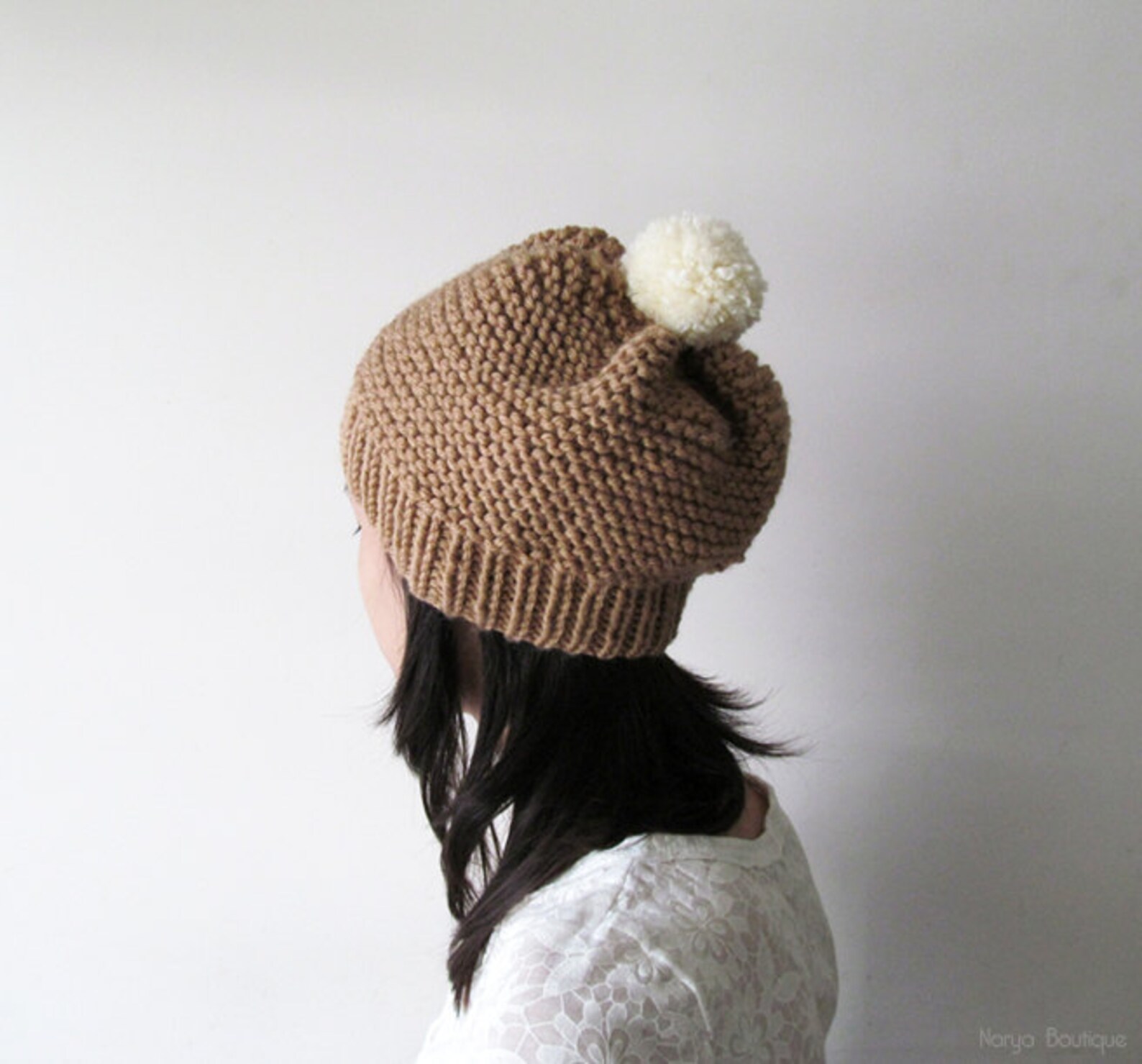 Hand Knitted Hat in Camel Beanie With Cream Pom Pom Etsy