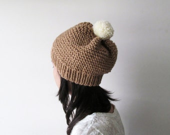 Hand Knitted Hat in Camel, Beanie with Cream Pom Pom, Seamless, Unisex Winter Hat, Wool Blend, For Her, For Him