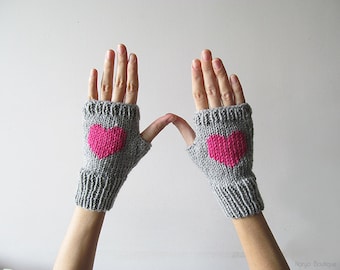 Knit Fingerless Gloves in Silver Grey, Orchid Pink Embroidered Heart, Heart Gloves, Fingerless Mittens, Arm Warmers, Wool Blend, MadetoOrder