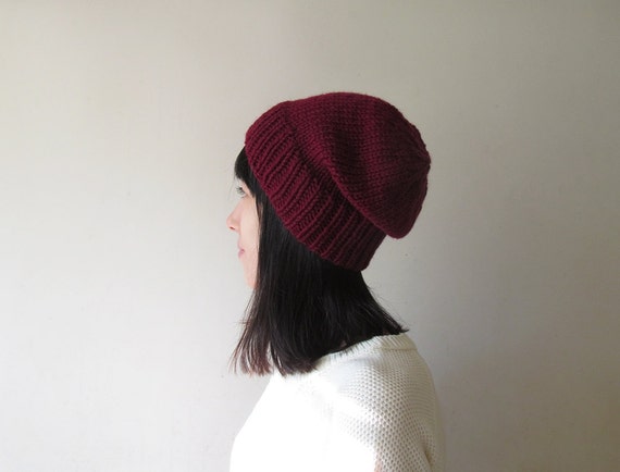 Burgundy Slouchy Beanie Hand Knit 