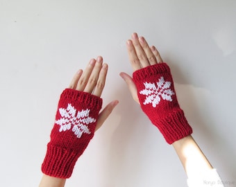 Hand Knit Fingerless Gloves in Dark Red, Embroidered Snowflake, Seamless Knit Gloves, Wool Blend, Knit Mittens, Wrist Warmers, For Her