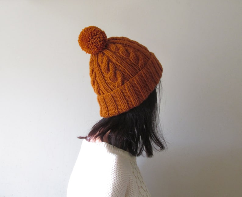 Womens Pom Pom hat Hand Knit Beanie with Folded Brim For Her Made to Order Cable Knit Hat in Cinnamon Winter Accessories Wool Blend