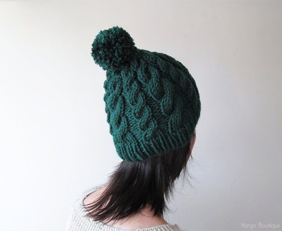 Chunky Cable Knit Hat in Dark Green 