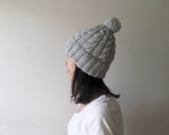 Gray Cable Knit Pom Pom Beanie: Wool Blend Winter Hat - Etsy display picture 3