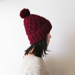 Hand Knitted Hat in Burgundy, Beanie with Pom Pom, Seamless, Wool Blend