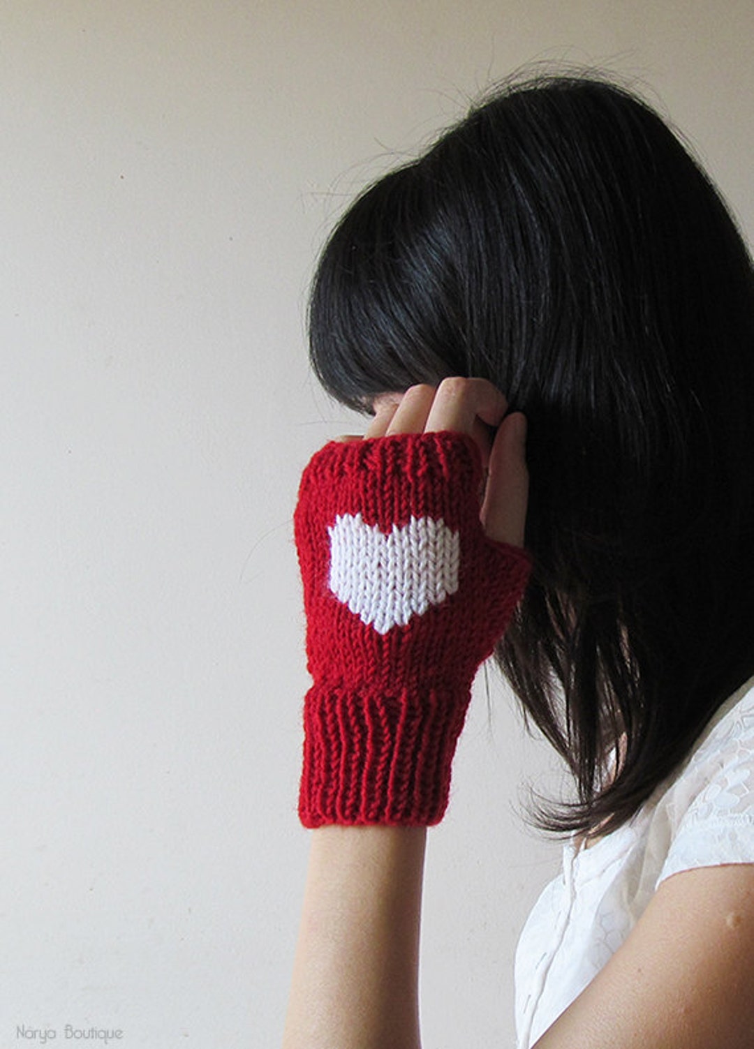 Translucent Mittens Heartstring Heart Knit Fingerless Gloves: Dark Red Wool Blend Mittens With White ...