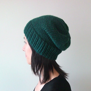 Dark Green Slouchy Hat, Hand Knit Chunky Slouch Hat, Women Knit Hat, Wool Blend Hat, Seamless Winter Beanie, Gift for Her, Made to Order