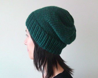 Dark Green Slouchy Hat, Hand Knit Chunky Slouch Hat, Women Knit Hat, Wool Blend Hat, Seamless Winter Beanie, Gift for Her, Made to Order