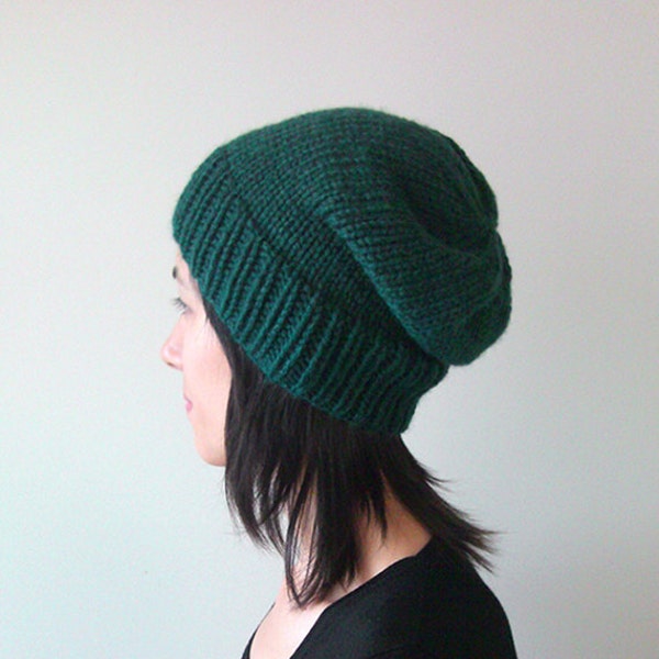 Dark Green Slouchy Hat, Hand Knit Chunky Slouch Hat, Women Knit Hat, Wool Blend Hat, Seamless Winter Beanie, Gift for Her, Made to Order