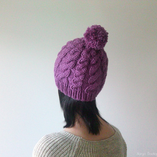 Hand Knitted Cable Hat in Dark Lilac, Chunky Beanie with Pom Pom, Hat for Women, Seamless, Wool Blend, Winter Accessories, Made to Order