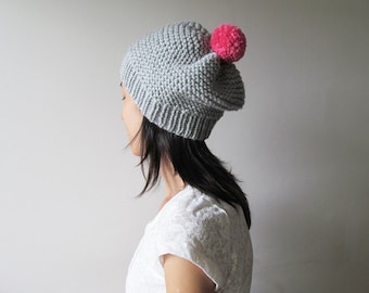 Hand Knitted Hat in Silver Grey, Beanie with Fuchsia Pom Pom, Slouch Seamless Hat, Womens Knit Hat, Winter Hat, Wool Blend