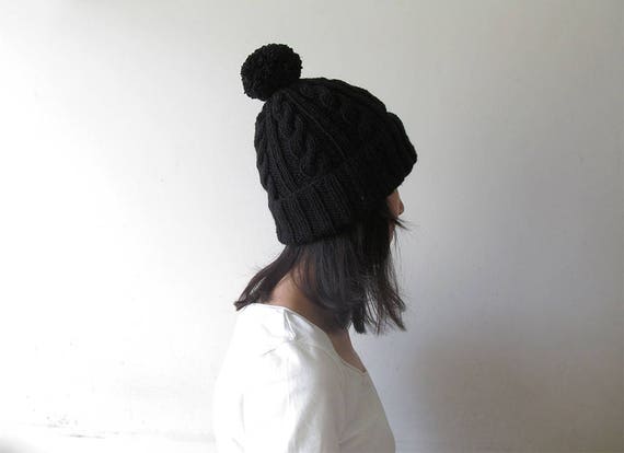 Cable Knit Hat In Black Womens Pom Pom Hat Hand Knit Beanie Etsy