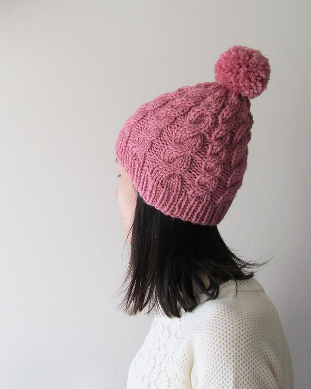 Hand Knitted Chunky Cable Beanie: Rose Wool Blend Pom Pom  display picture 2