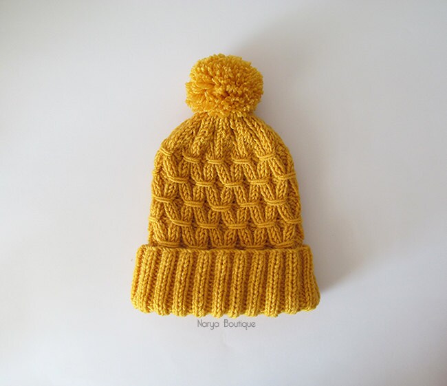 Hand Knitted Hat in Yellow Beanie With Pom Pom Women Knit Etsy