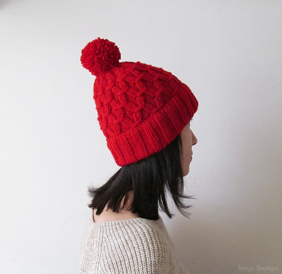 Hand Knitted Hat in Red - Beanie With Pom Pom - Seamless 