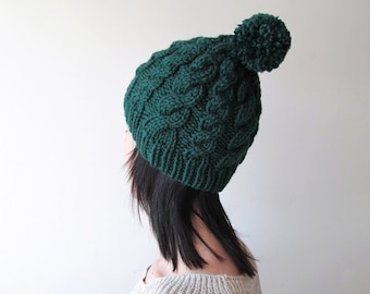 Chunky Cable Knit Hat in Dark Green, Beanie with Pom Pom, Womens Knit Hat, Wool Blend, Winter Accessories, Seamless, For Her