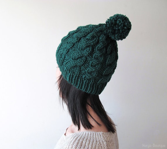 Mohair and Wool Blend Green Cable Hand Knit Hat withPom Pom for Men or  Women - Winter Hats