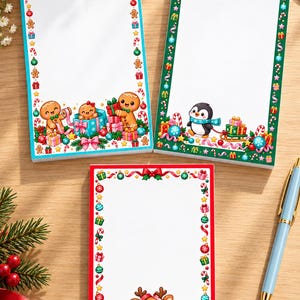 May include: Three rectangular paper notepads with white centers and festive borders. One features gingerbread characters, one a penguin with a sled, and one a reindeer, all surrounded by Christmas gifts, ornaments, and candy canes.
