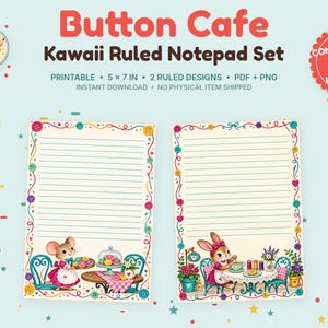 Puede incluir: Un conjunto de blocs de notas imprimibles titulado Button Cafe Kawaii Ruled Notepad Set, con dos páginas rayadas de 12,7 x 17,8 cm con bordes de botones coloridos e ilustraciones de ratones en una cafetería, incluyendo una insignia de uso comercial.