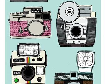 A4 Retro cameras collection print - The Flash parade petrol blue, grey and pink