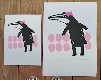 A3 Badger with a pink beret archival-quality digital print