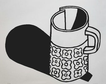 SALE: Black and white lino print of a cup with 1960s flowers