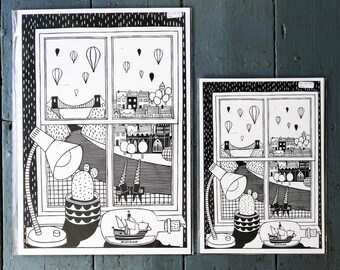 A4 black + white Bristol window view - digital print taken from an original lino print with the famous suspension bridge + hot air balloons