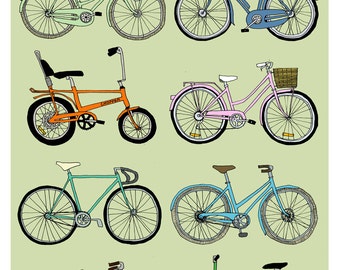 A3 Bikes collection print - Hello Velo green