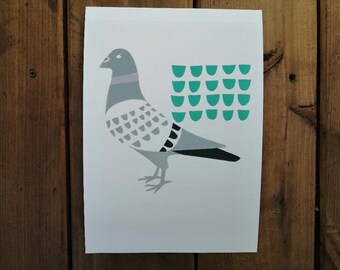 A4 Pale grey pigeon, with mint and mauve - archival quality digital print