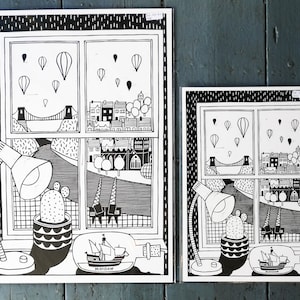 May include: Black and white illustration of a window with a view of a city skyline, hot air balloons, and a bridge. There is a lamp, a cactus, and a ship in a bottle on a table below the window.
