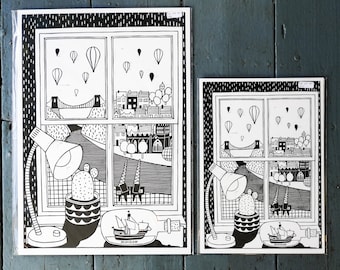 A2 black + white Bristol window view - digital print taken from an original lino print with the famous suspension bridge + hot air balloons