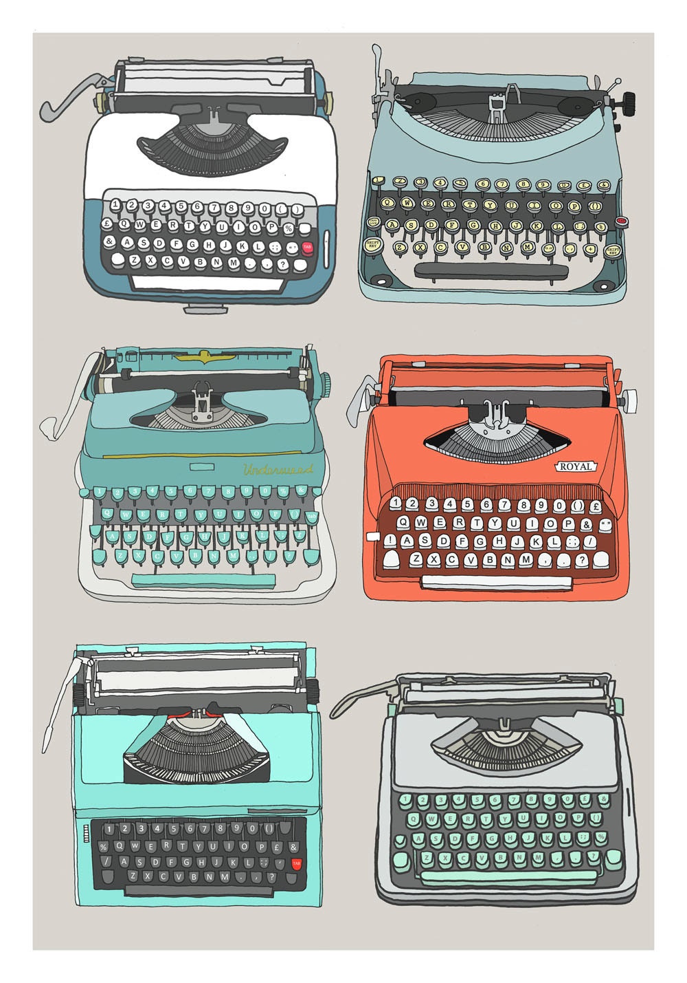 A3 Retro Typewriters Collection Print the Type Set Grey Etsy UK