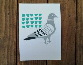 A4 Pale grey pigeon, with mint and mauve - archival quality digital print