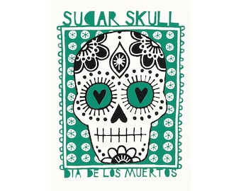 A3 Sugar Skull - Day of the dead / Dia de los muertos archival-quality digital print in jade green